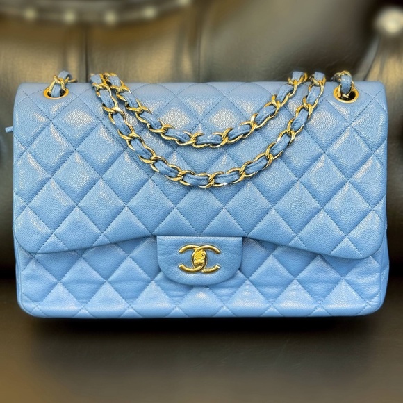Chanel 21P Blue Caviar Quilted Jumbo Large Classic Double Flap bag & tag - Picture 1 of 16